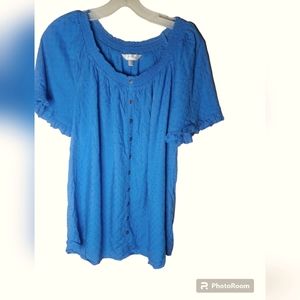 Terra & Sky women's blue flutter sleeves smocked neck top size 14